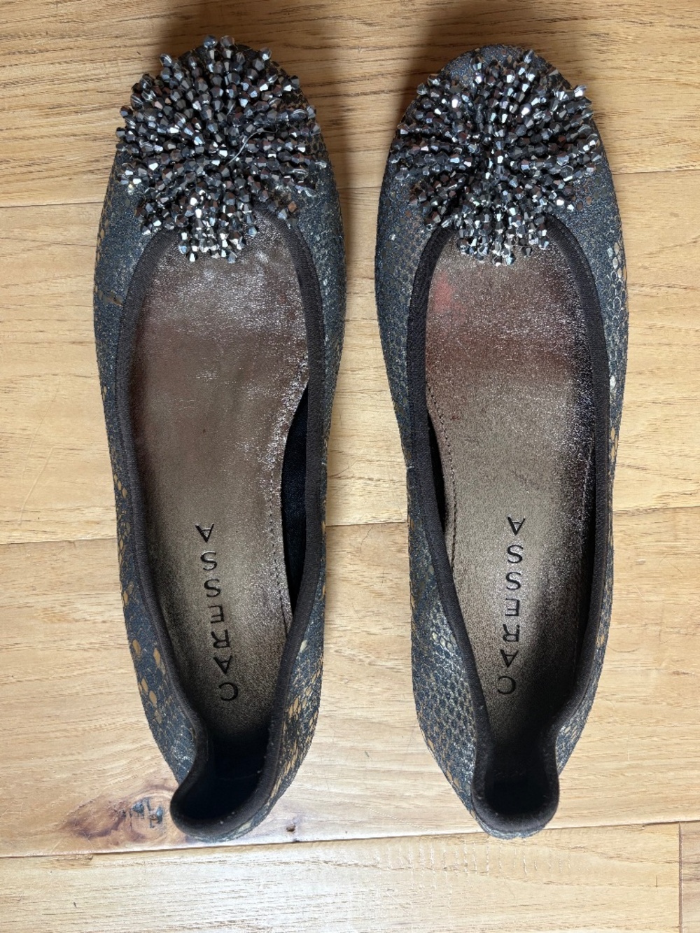 Caressa silver and black ballet flats with beaded pom flower